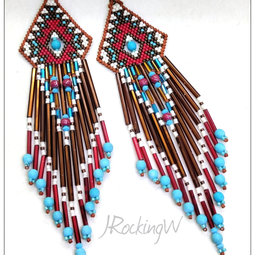 🎄HP🎄 Beaded Handmade Brown Turquoise Long Ear…
